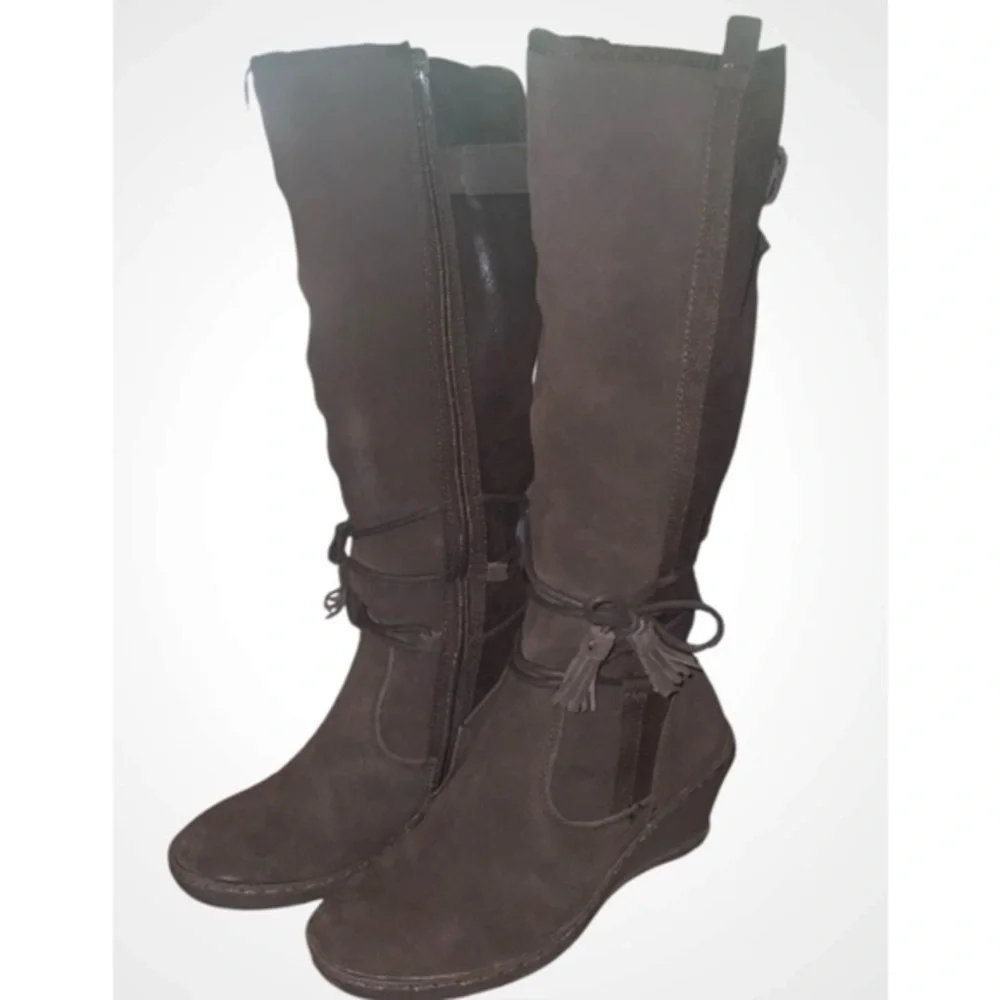 BareTraps Brown Over the Knee Brown Suede Fur Lined Wedge Boots Side Zipper 6M